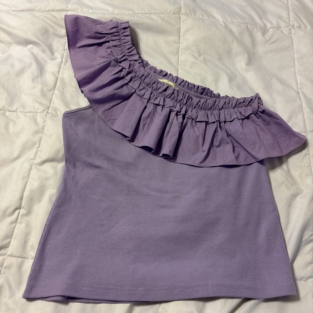 EE:SOME One Shoulder Ruffle Tank Top Ribbed Women's Sz M Lavender Purple TK7054